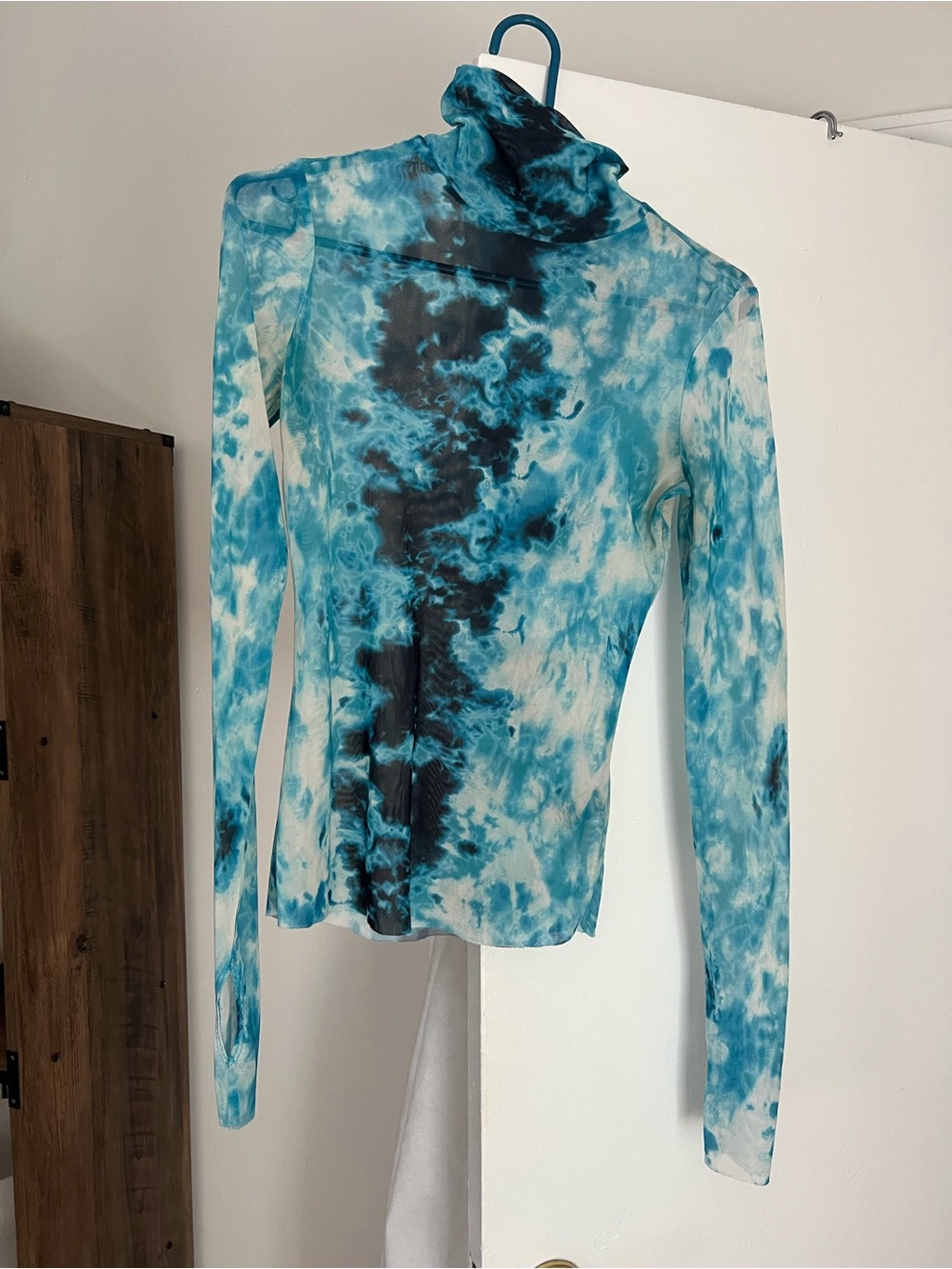 AFRM Blue Tie-Dye Long Sleeve Mesh Turtleneck